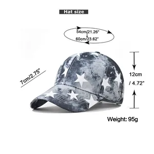 Size chart for camouflage star baseball cap showing crown height and brim measurements