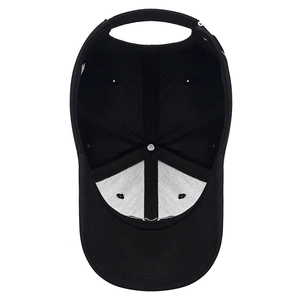 Internal view of black cotton baseball cap showing six-panel structure and white lining