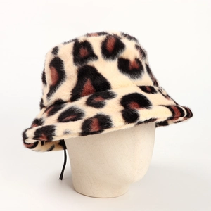 Cappello alla pescatora in pelliccia sintetica leopardata, caldo accessorio moda invernale