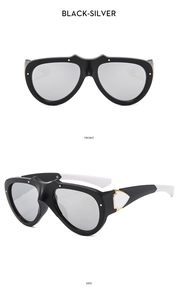 Front and side views of black and silver oversized sports sunglasses with metal joints