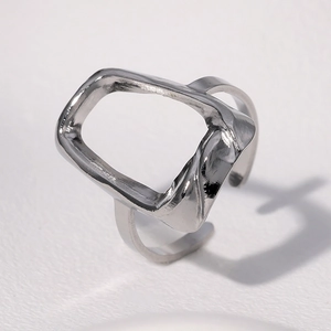 Polished silver geometric open ring with abstract hollow square design for women