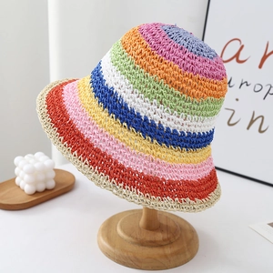 Close-up of rainbow striped woven straw sun hat with detailed colorful knit texture