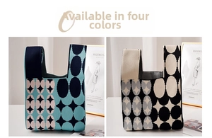 Detail showing knit tote bags with blue-pink and black-white geometric polka dot patterns