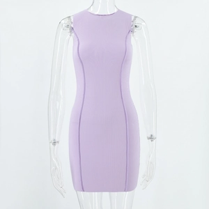 Detail of light purple ribbed knit dress fabric showing vertical texture and stitching