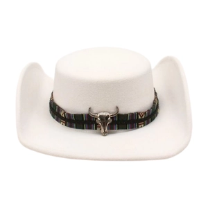 White wool fedora hat with ethnic style woven band and vintage silver bull skull decor
