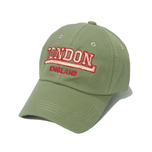Olive green baseball cap with retro London embroidery and classic six-panel design