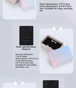 Detailed pink and blue gradient jewelry box sizes showing inner dimensions and 1.2cm sponge