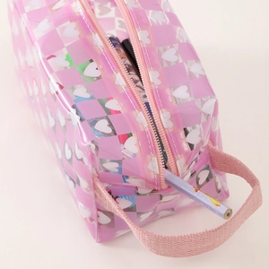 Pink heart checkerboard pattern pencil case made of translucent PVC with handle