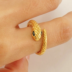 Snake Ring Stainless Steel 18K Gold Plated Zircon Eyes Adjustable Open Wrap Around Vintage Minimalist Jewelry Women