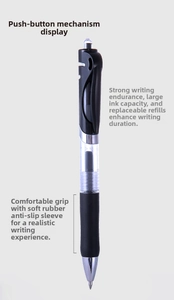 Detail view of retractable gel pen with large ink capacity and soft anti-slip rubber grip