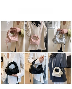 Detail of pleated mini square bags showing knotted handles and adjustable shoulder straps