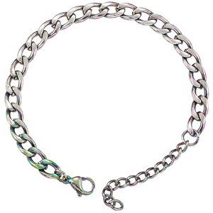 Close-up of iridescent Cuban link bracelet with lobster clasp and extension chain