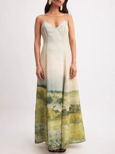 Elegant off-white maxi dress with oil painting landscape print and delicate straps