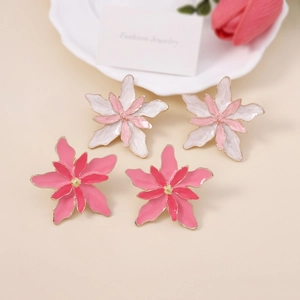 Elegant double-layered enamel flower stud earrings in pink and white floral design
