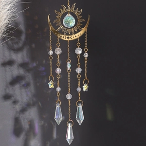 Golden sun moon crystal suncatcher with AB colorful prisms for outdoor garden decor