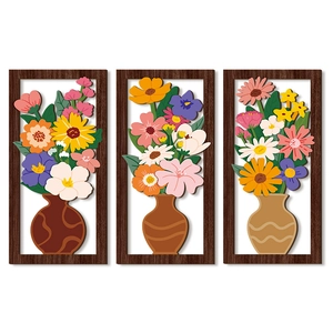 Set de 3 placas decorativas de madera con flores 3D y jarrones estilo bohemio