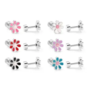 Set of six stainless steel flower stud earrings with colorful enamel and center crystal