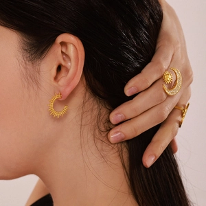 18K gold plated C-shape sunburst earrings and moon ring set with white rhinestones