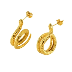 Close-up of golden stainless steel snake earrings with detailed scale texture and 18K plating