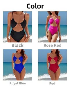 Detail view of cutout one-piece swimsuits in black, rose red, royal blue, and red colors