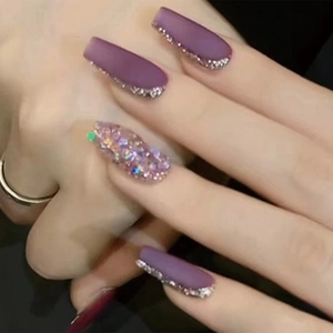 Matte Grape Purple Press On Nails Coffin Shape Elegant Silver Glitter Edge Long Artificial False Nail Tips