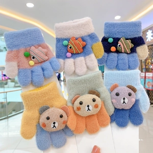 Kids Knitted Gloves Thick Soft Velvet Winter Warm Full Finger Cartoon Fish Bear Patchwork For Toddlers Boys Girls