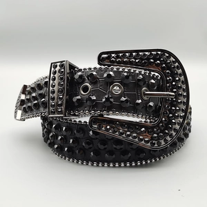 Punk style black crocodile leather belt with rhinestones and large horseshoe buckle