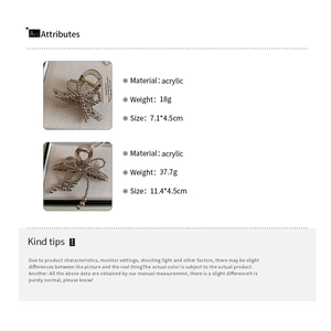 Detailed size comparison of acrylic bow hair claws with pearl beads and weight info
