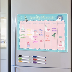 Magnetic acrylic weekly planner for fridge with alpaca art and six markers