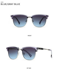 Front and 45-degree side view of purple semi-rimless sunglasses with gradient blue lenses