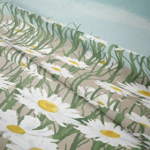 Close-up of bohemian daisy tapestry fabric showing woven texture and floral details