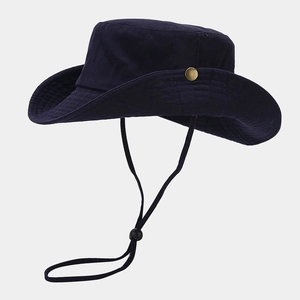 Navy blue washed cotton sun hat with wide brim, brass buckle and adjustable windproof cord