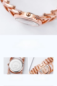 Detailed view of rose gold women's watch featuring 2.5D curved glass and alloy strap
