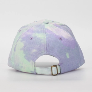 Detail of kids tie-dye baseball cap with colorful rhinestone and adjustable metal buckle