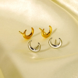 Minimalist polished stainless steel crescent stud earrings in gold and silver finish