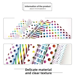 Detailed macro view of vibrant gift wrapping paper with metallic stars and birthday patterns