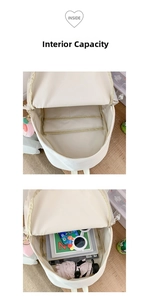 Detailed interior view of the cream backpack showing large capacity and multi-pocket design