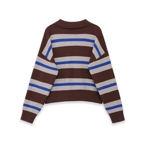 Classic striped long sleeve knit polo shirt with brown, gray and blue horizontal stripes