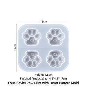 Detailed top view of four-grid heart cat paw silicone resin mold with precise dimensions