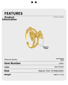 Detail specifications of S925 sterling silver hollow bow ring with 18K gold plating