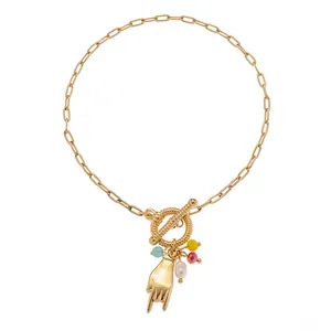 Vintage Stainless Steel Bracelet For Women With Toggle Clasp Horn Heart Crown Charm Artificial Pearl And Colorful Beads Fashion Jewelry
