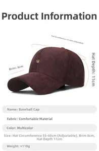 Detailed size parameters of the burgundy herringbone baseball cap with a gold crown