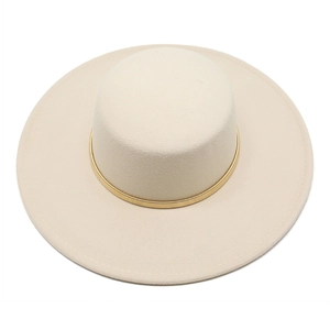 Top view of cream wide-brim felt hat with elegant gold spring detail and flat crown
