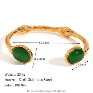 18K gold plated stainless steel open bangle with irregular texture and green stones