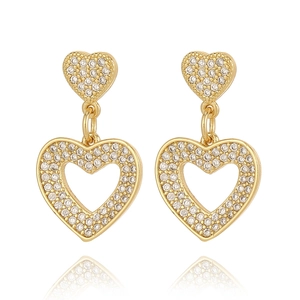 Elegant gold-plated heart-shaped drop earrings with pavé white cubic zirconia details