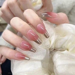 French Gradient Press On Nails Pink Metallic Silver Glossy Long Ballerina Shape ABS Plastic Wearable False Nails Elegant