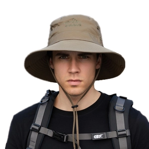 Khaki outdoor sun hat with wide brim, adjustable chin strap, and travelers embroidery