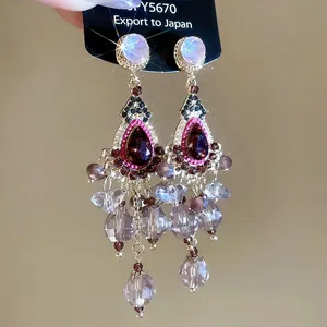 Sparkling silver needle earrings with vintage crystal tassels and rose red waterdrop stones