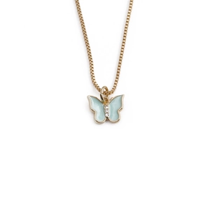 Detail of light blue enamel butterfly pendant with small crystals on a gold chain