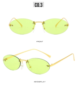 Front and side 45-degree view of rimless oval sunglasses with neon green lenses